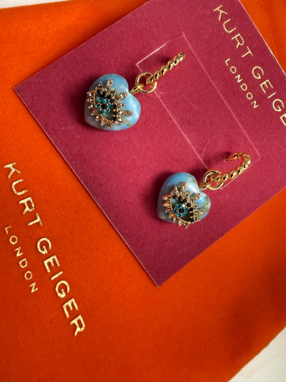 NWT Kurt Geiger Turquoise Heart Gold Twist Hoop Evil Eye Earrings